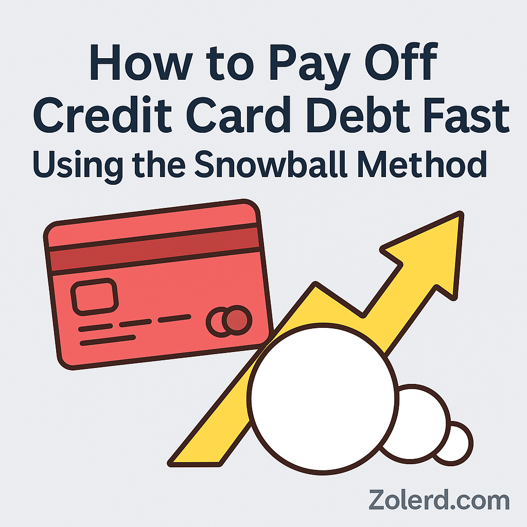 A flat-style digital illustration with a light grey background showing a person rolling a giant snowball labeled 'Debt' downhill, symbolizing the Snowball Method for paying off credit card debt. The design includes a subtle Zolerd watermark and clean typography to match the Zolerd.com visual style.