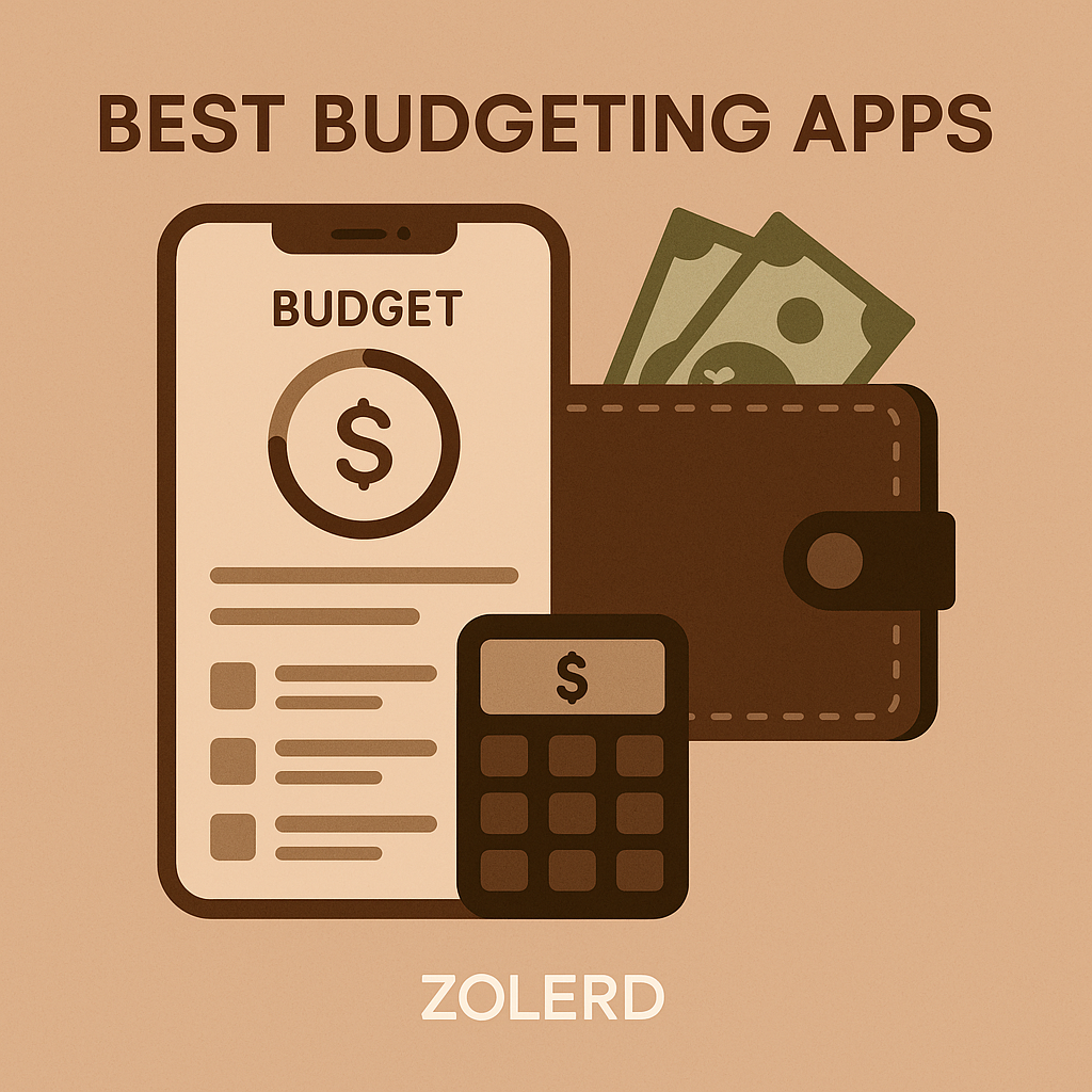 A flat digital illustration on a light brown background shows a smartphone displaying a budgeting app interface with charts, dollar icons, and calendar reminders. Around the phone are icons of savings jars, a credit card, and coins, representing financial planning. The Zolerd watermark is centered at the bottom.
