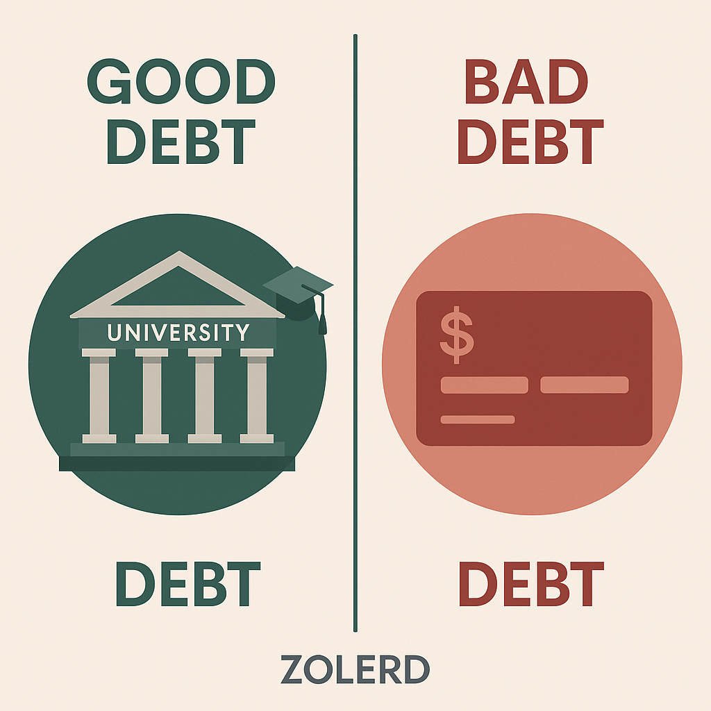 A flat, digital illustration compares good debt and bad debt. On the left, a smiling character stands beside icons representing student loans, mortgages, and investments, symbolizing smart financial decisions. On the right, another character looks stressed near icons of credit card bills, payday loans, and luxury purchases, highlighting financial pitfalls. The background is light grey with the Zolerd watermark centered at the bottom.