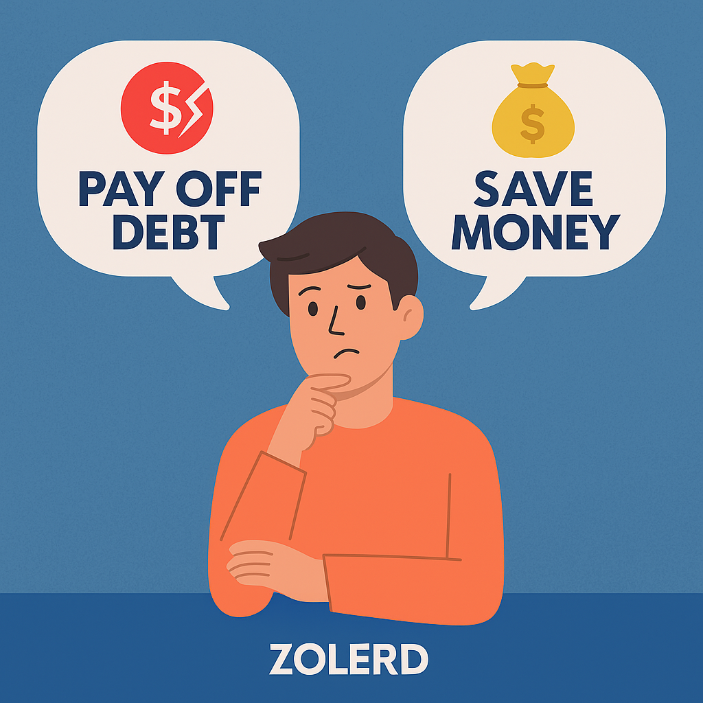 A flat-style digital illustration poses the question "Pay Off Debt or Save First?" in bold text. The image features a split scene: on the left, a person stressed with bills and a red credit card; on the right, a person happily placing coins into a piggy bank. The background is blue, and the Zolerd watermark is centered at the bottom of the image.