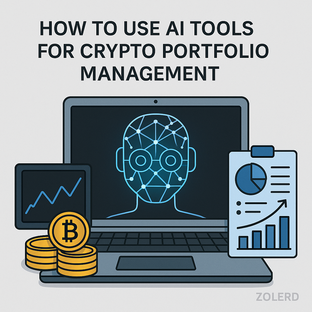 Illustration of a laptop displaying an AI-generated wireframe human face, surrounded by Bitcoin coins, a rising line graph, and a clipboard with charts, all on a light grey background with the text "How to Use AI Tools for Crypto Portfolio Management" and a Zolerd watermark.