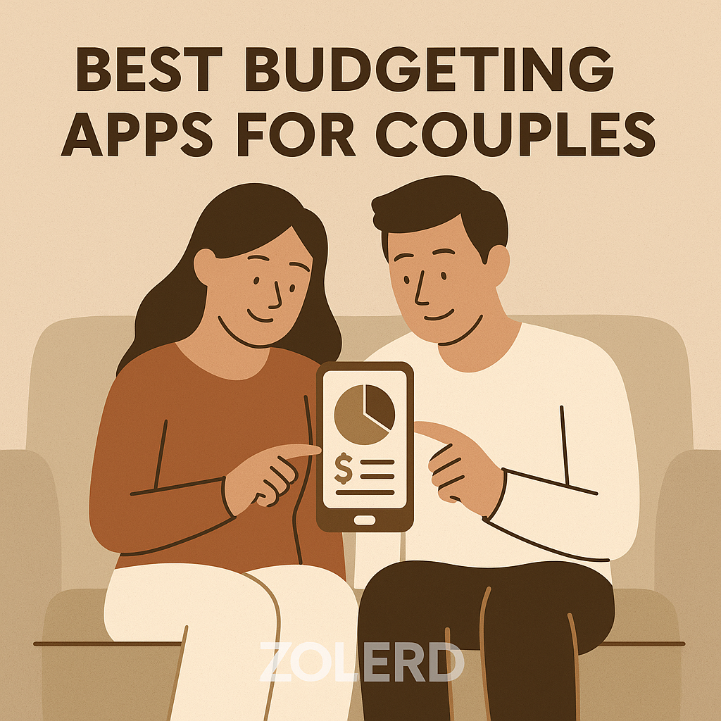 A flat-style digital illustration features a couple sitting at a table using a laptop and budgeting app together. The scene includes financial icons like charts, calendars, and dollar signs in the background. The image has a light beige background with the Zolerd watermark centered at the bottom. Designed to visually represent managing shared finances using budgeting apps in 2025.